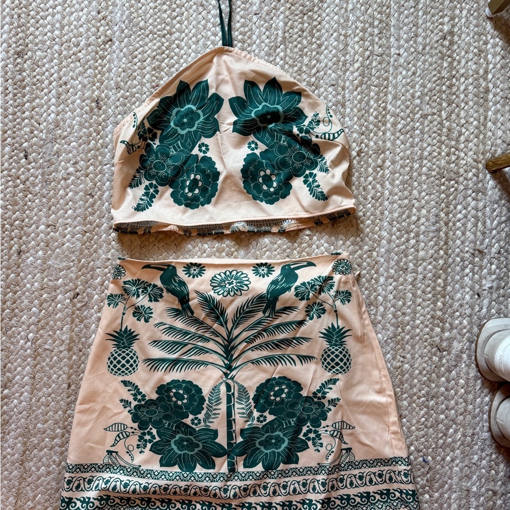 Floral Two-Piece Set in Green and Tan